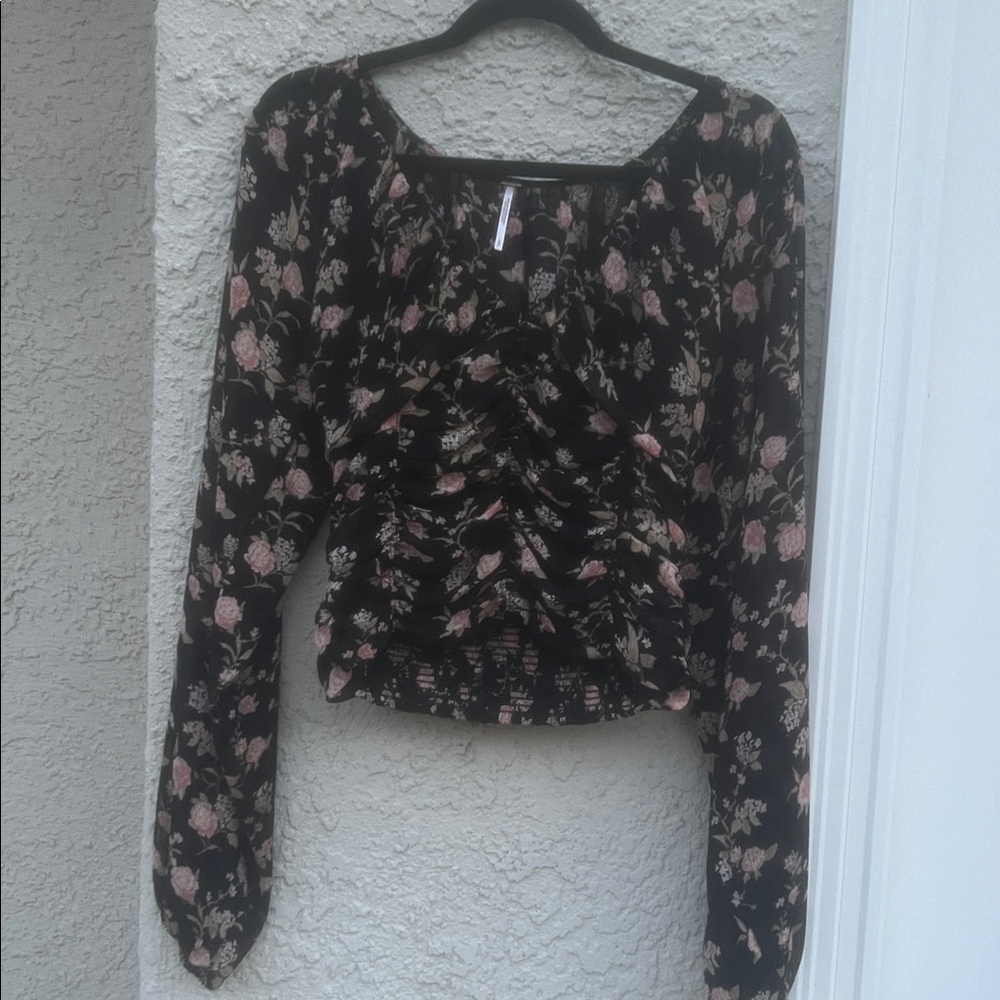 Free People Final Rose Black Combo Balloon Sleeve Blouse Women's Size - Picture 2 of 10